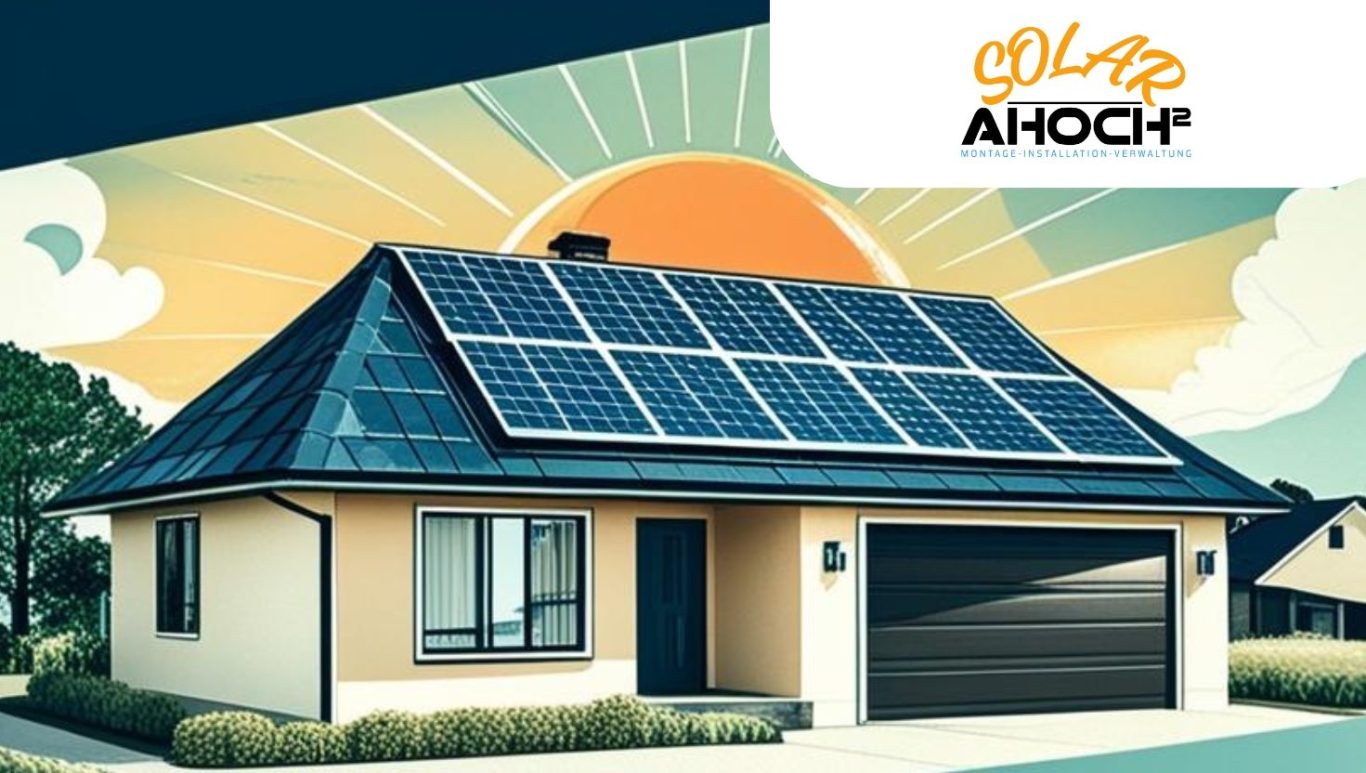 Ahoch2 Mockup Haus mit Solarpanelen auf dem Dach und stylisierter Sonnenstrahlung im Hintergrund.