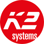 Rotes Logo mit weißem Text "K2 systems" in der Mitte.