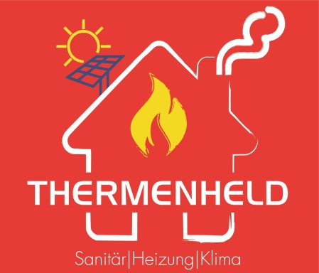 Logo von Thermenheld mit einem Haus, einer Flamme und Symbolen für Sonne und Solarenergie.